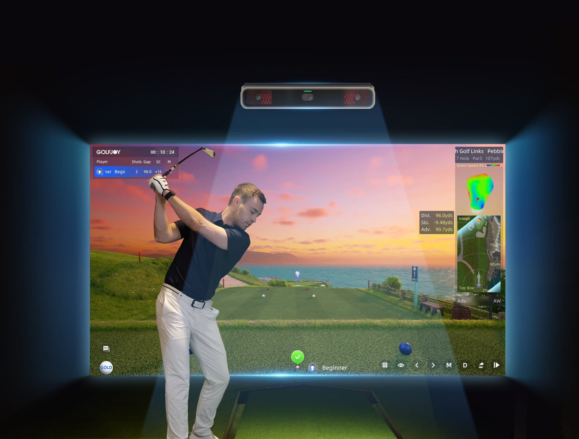 Person playing golf simulation game on a screen with a golf club.
