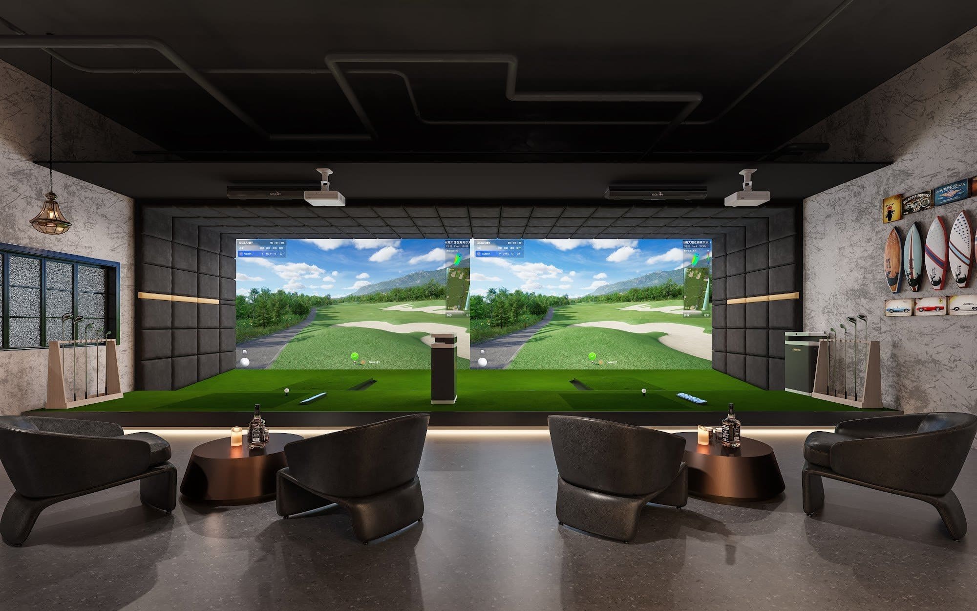 Commercial GolfJoy simulator room with two bays and lounge seating
