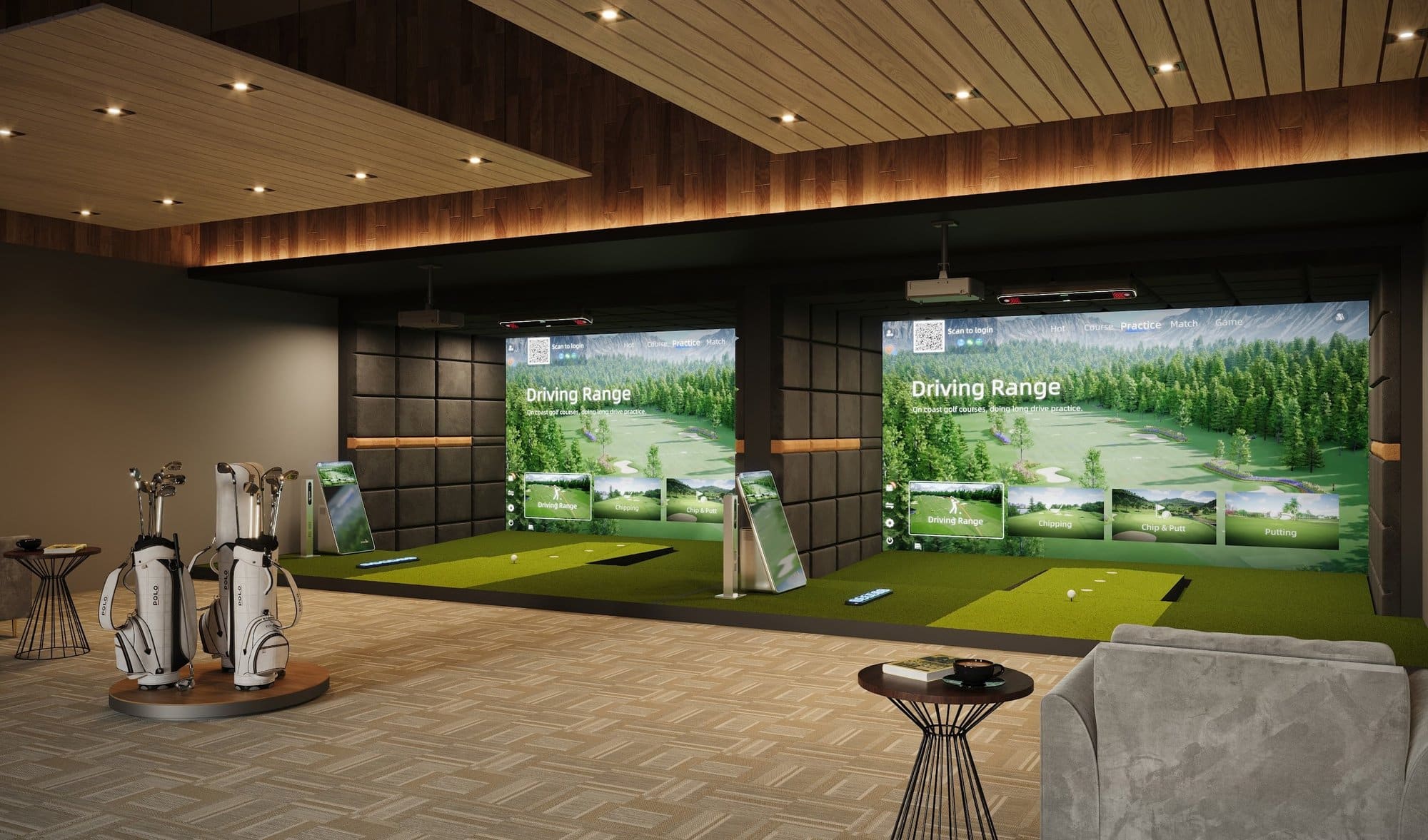 Two GolfJoy simulator bays showing the Driving Range mode in a commercial venue